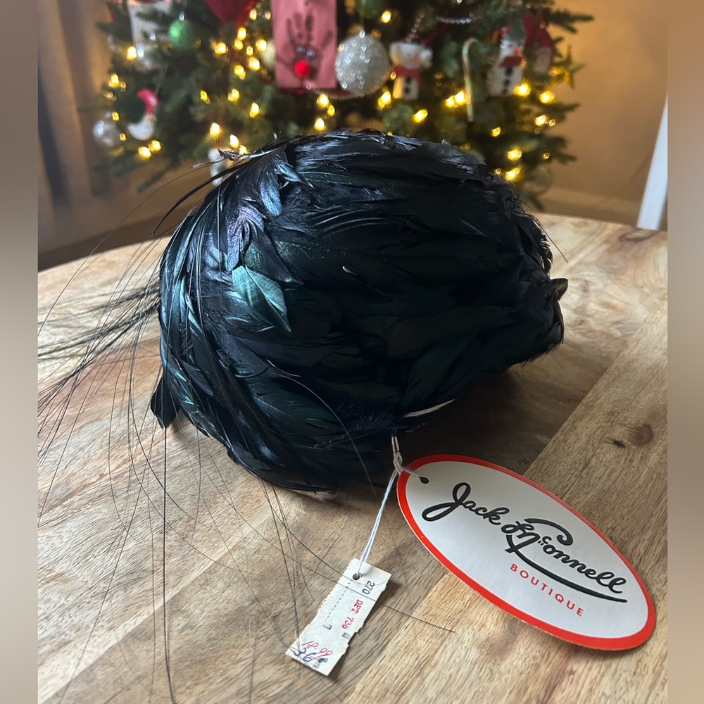 Vintage Jack McConnell Iridescent Dark green feather cloche hat with tags  FAB!!